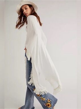 White Fringe Open-Front Kimono Cover-Up
